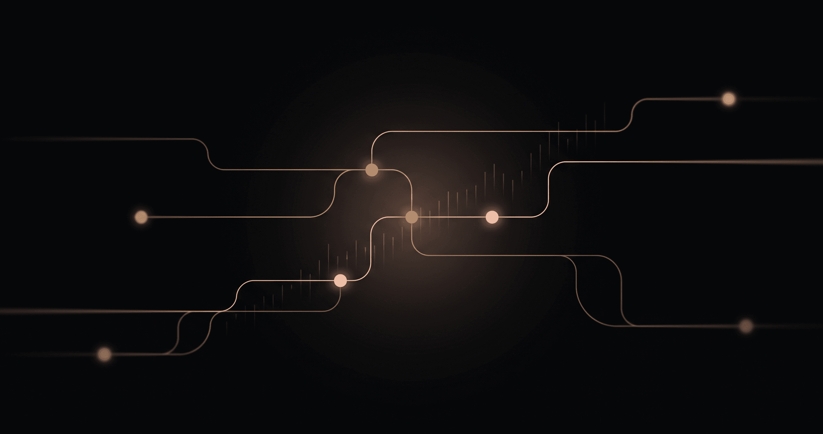Abstract network of glowing copper and peach data pipelines on a dark background